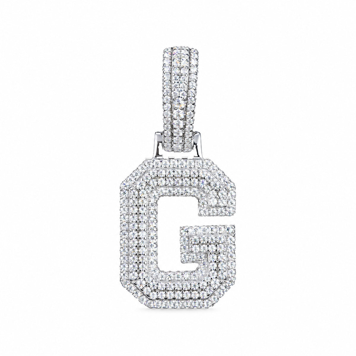 Block letter G initial pendant covered in moissanite, with a stone-set bail