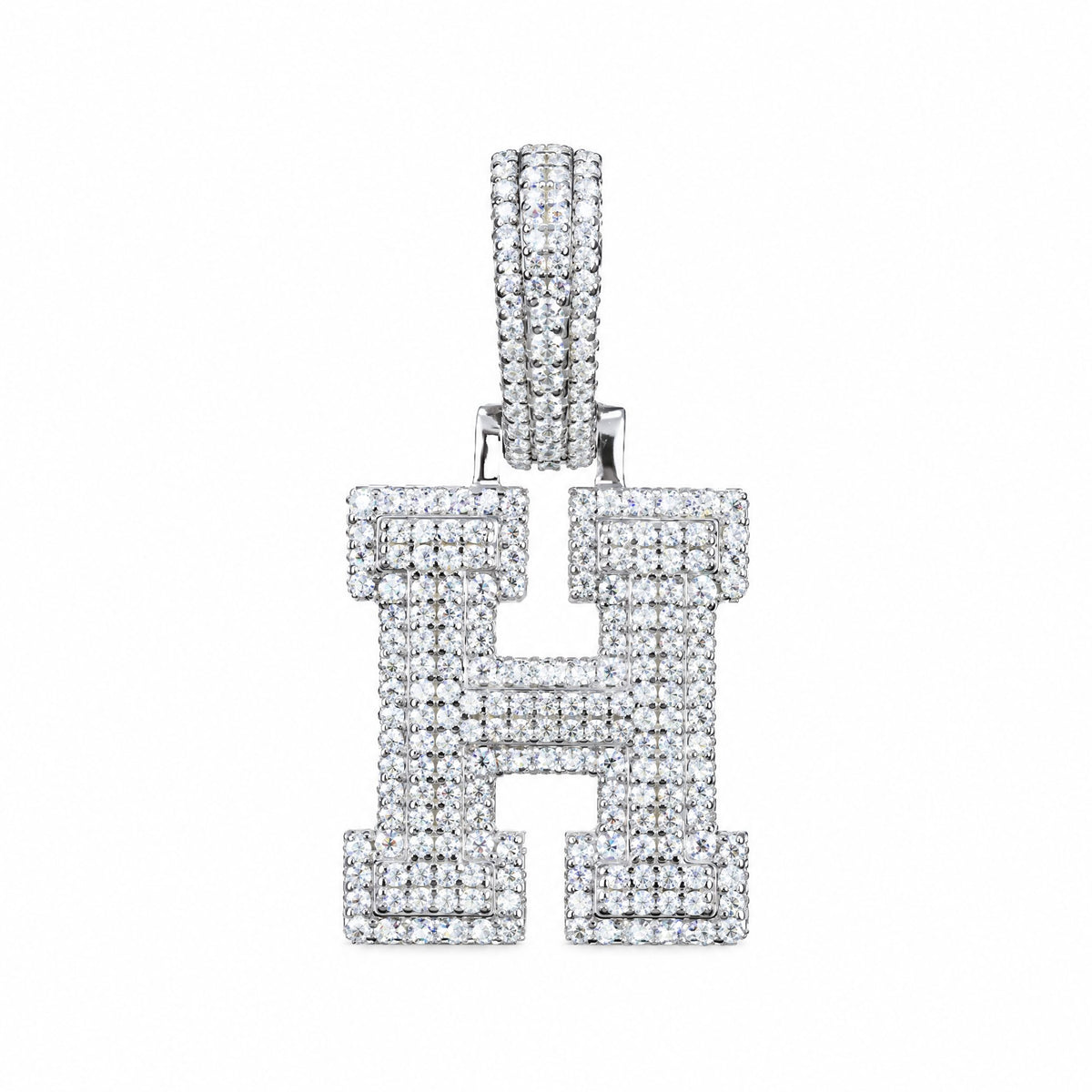 Block letter H initial pendant covered in moissanite, with a stone-set bail