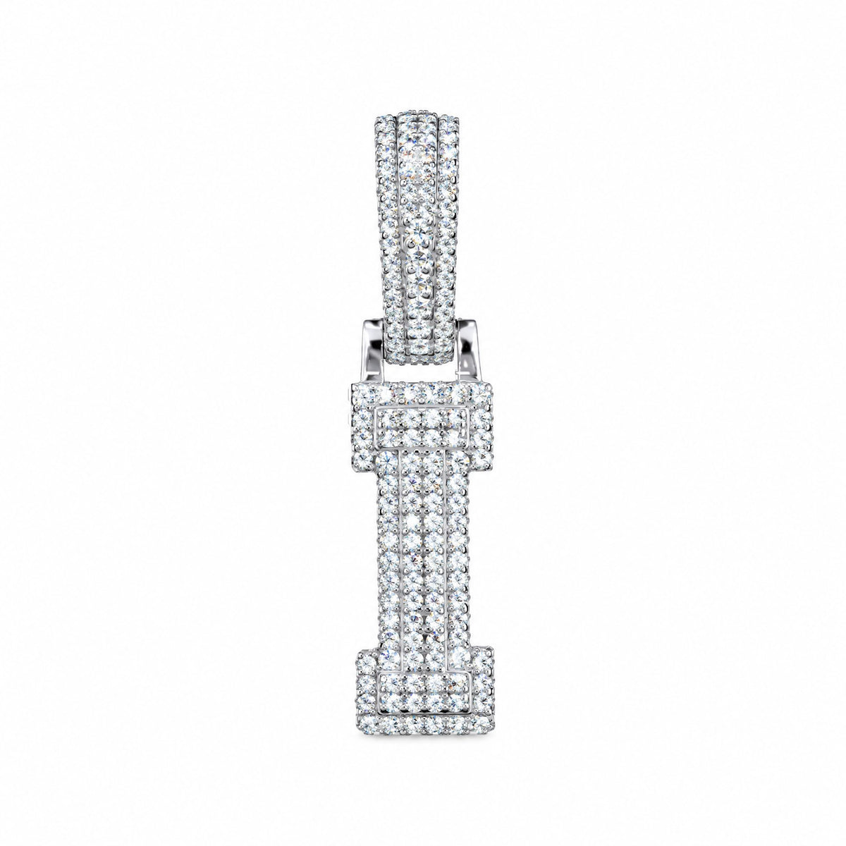 Block letter I initial pendant covered in moissanite, with a stone-set bail