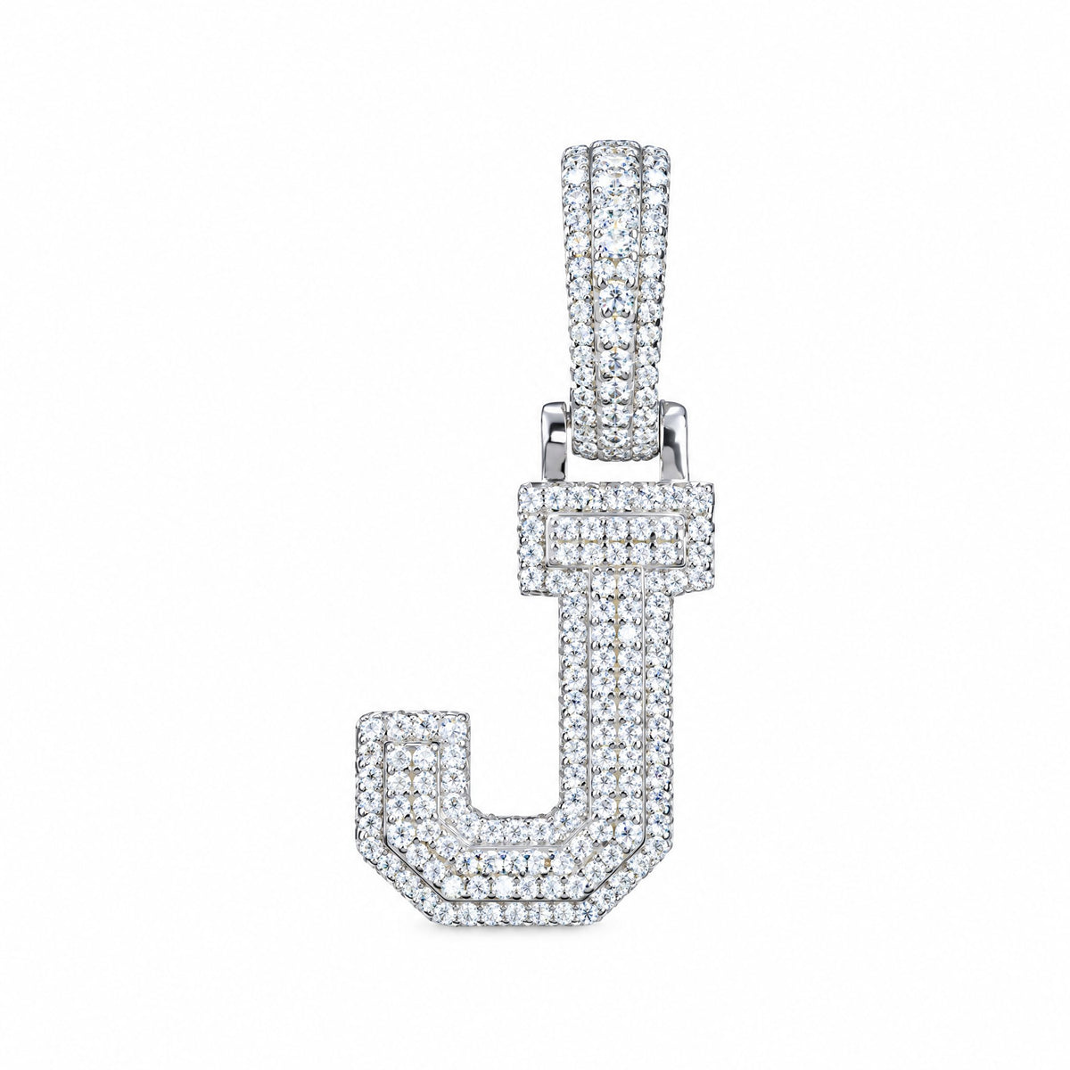 Block letter J initial pendant covered in moissanite, with a stone-set bail