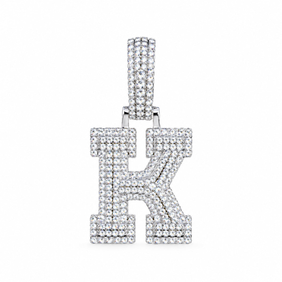 Block letter K initial pendant covered in moissanite, with a stone-set bail