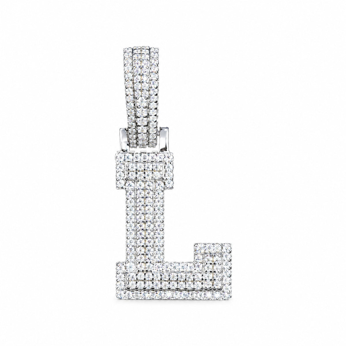 Block letter L initial pendant covered in moissanite, with a stone-set bail