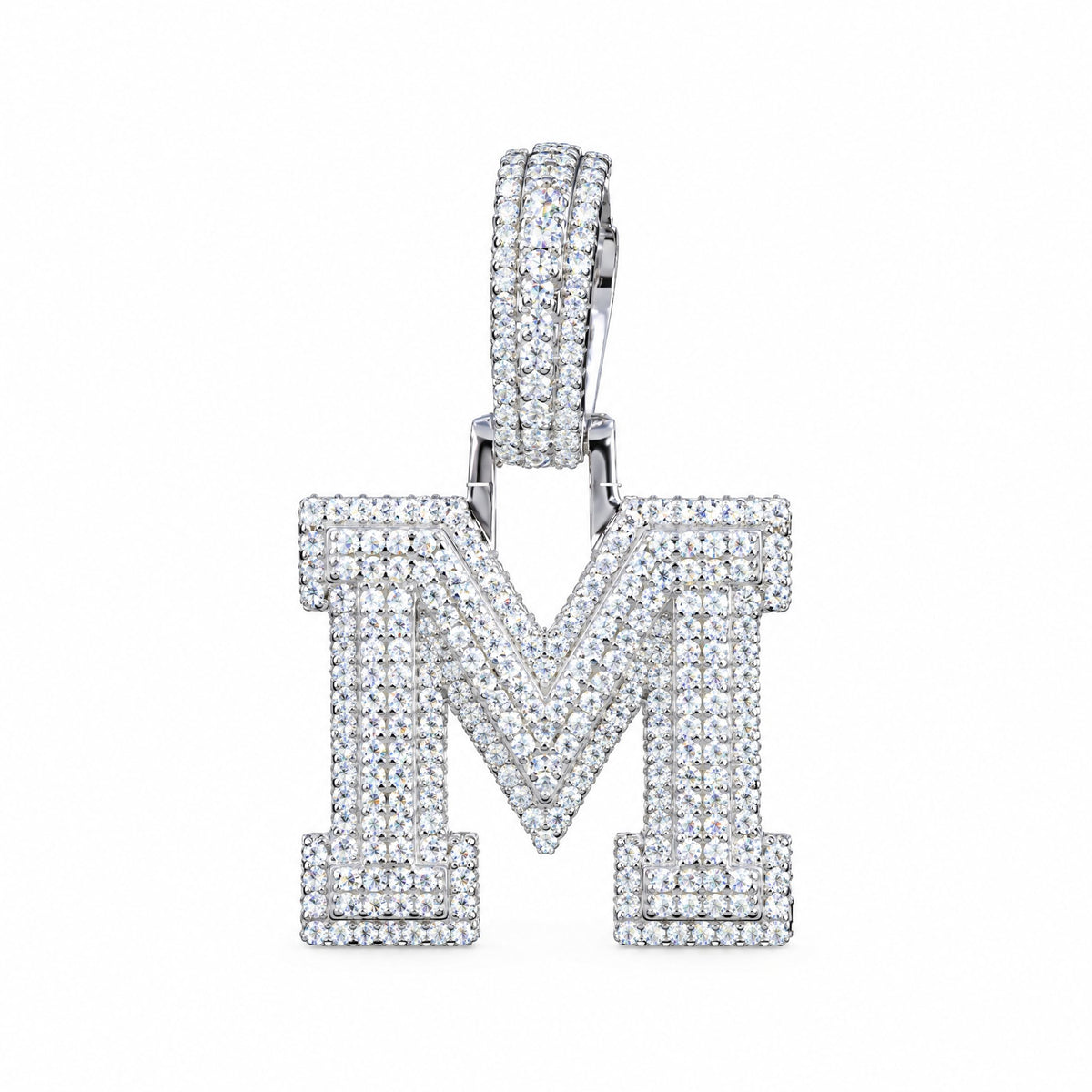 Block letter M initial pendant covered in moissanite, with a stone-set bail