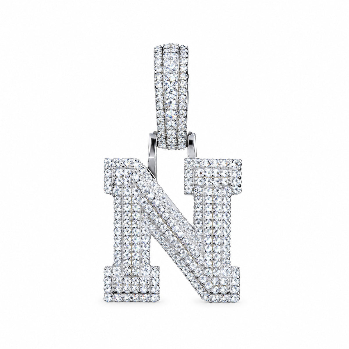 Block letter N initial pendant covered in moissanite, with a stone-set bail