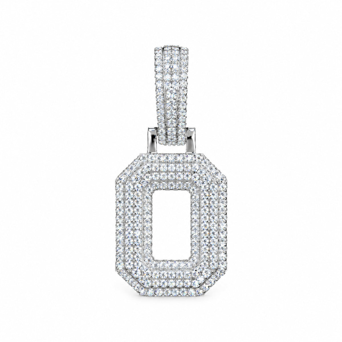 Block letter O initial pendant covered in moissanite, with a stone-set bail