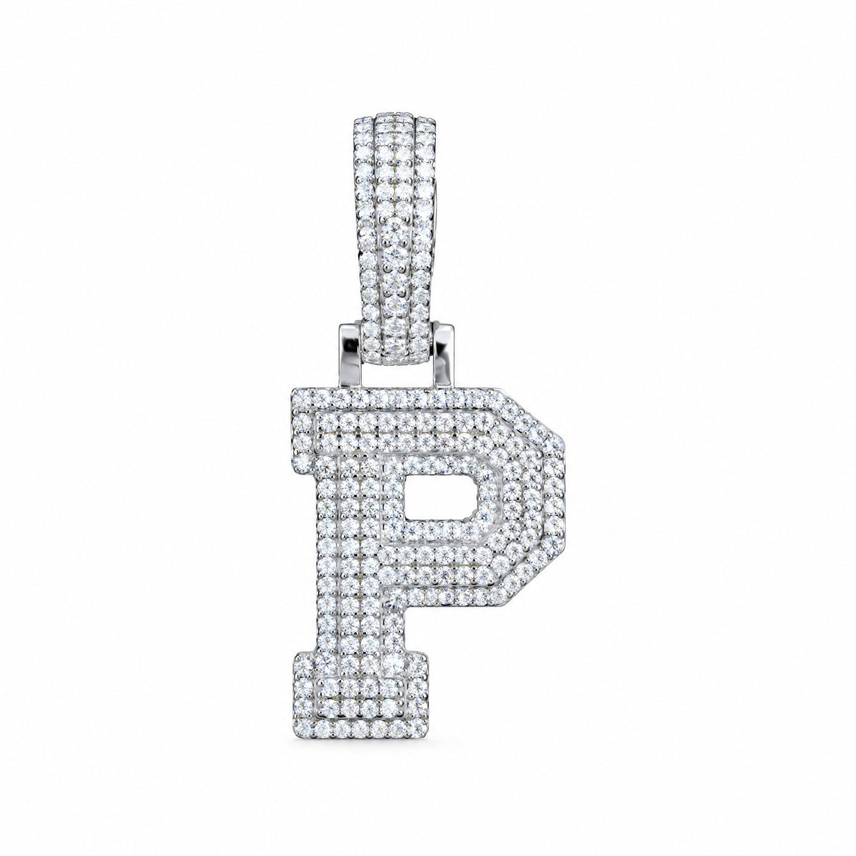 Block letter P initial pendant covered in moissanite, with a stone-set bail