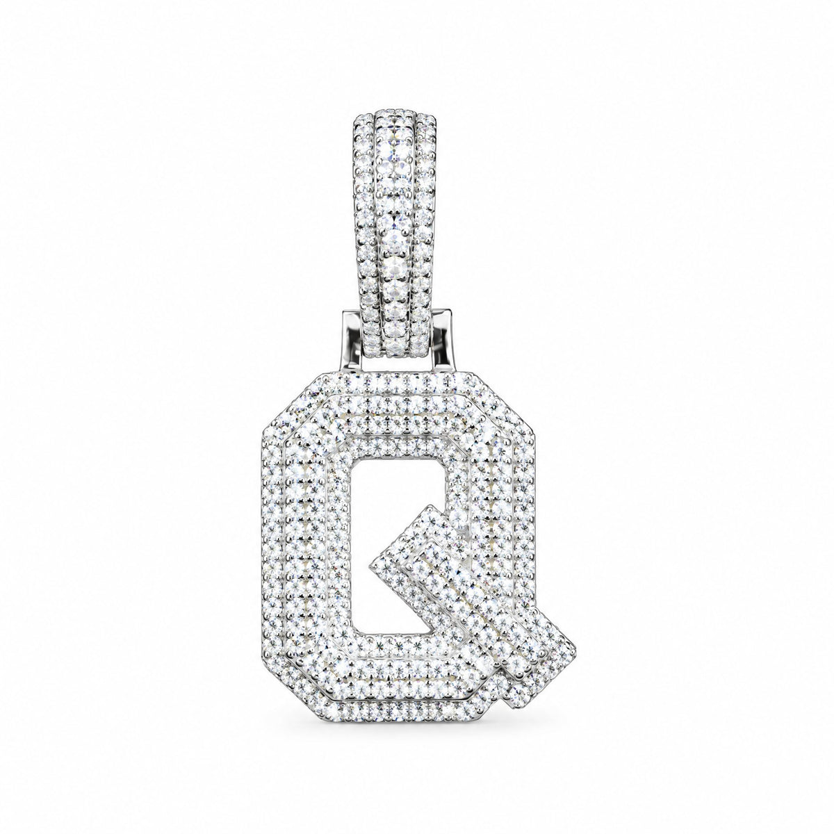 Block letter Q initial pendant covered in moissanite, with a stone-set bail