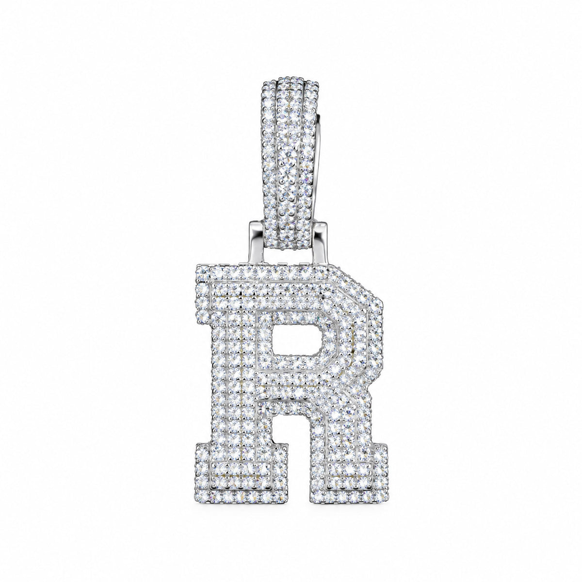 Block letter R initial pendant covered in moissanite, with a stone-set bail
