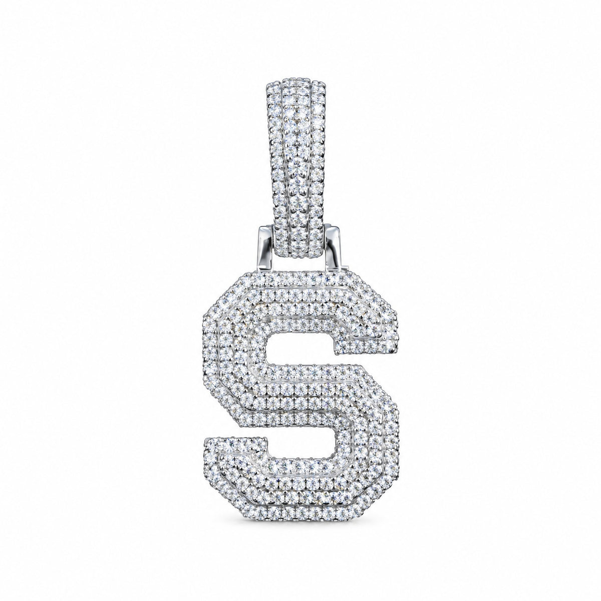 Block letter S initial pendant covered in moissanite, with a stone-set bail