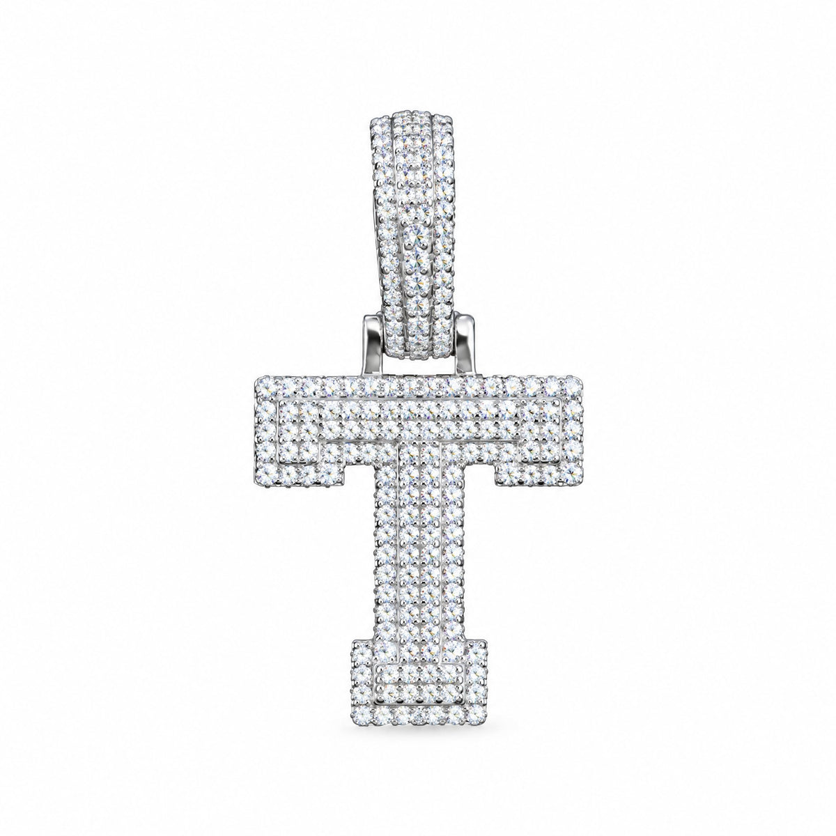 Block letter T initial pendant covered in moissanite, with a stone-set bail