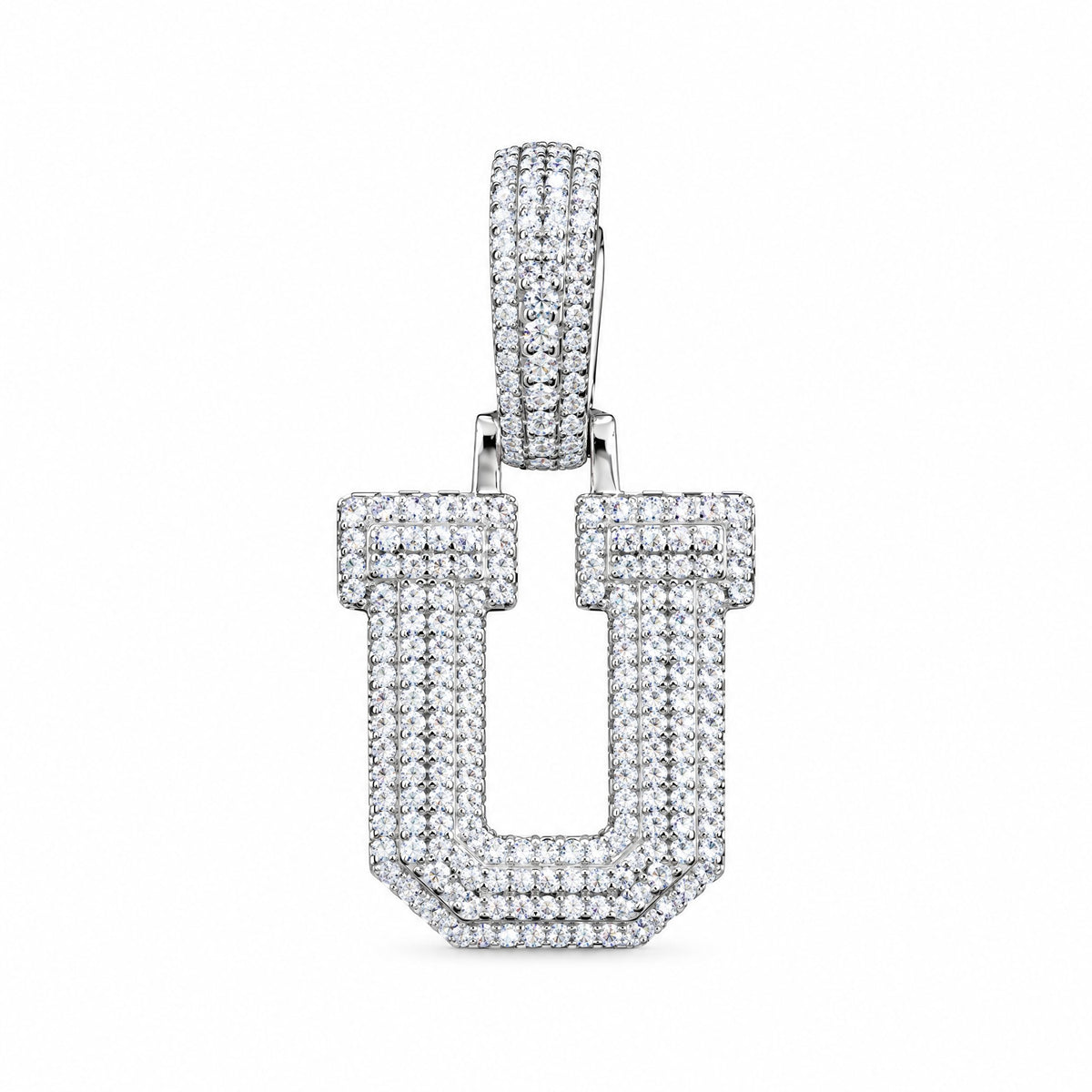 Block letter U initial pendant covered in moissanite, with a stone-set bail