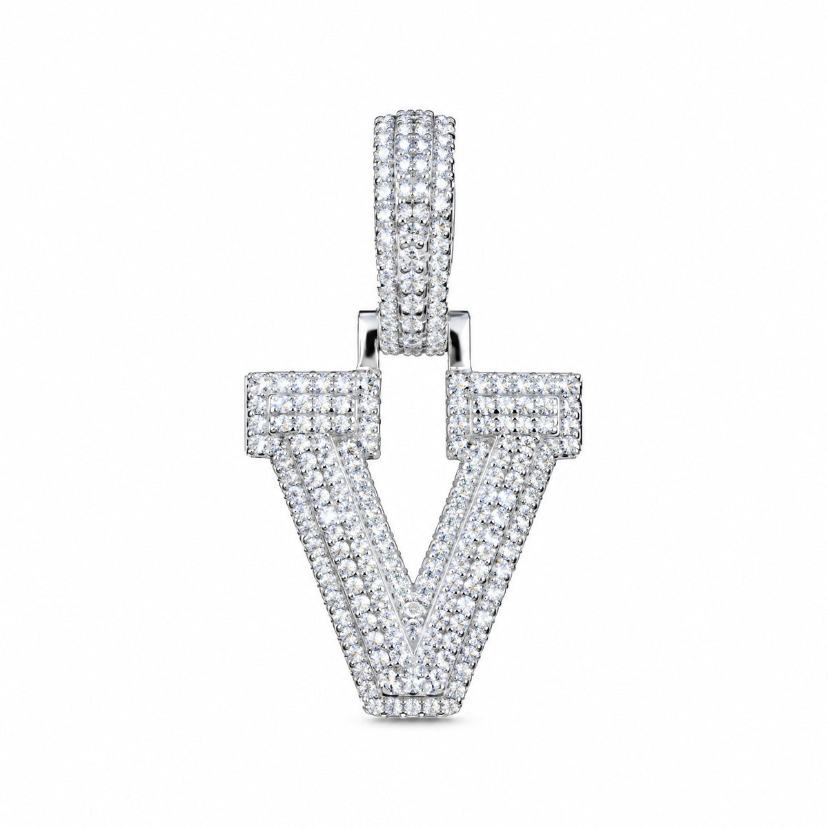 Block letter V initial pendant covered in moissanite, with a stone-set bail