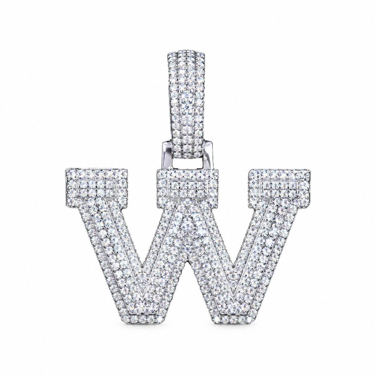 Block letter W initial pendant covered in moissanite, with a stone-set bail