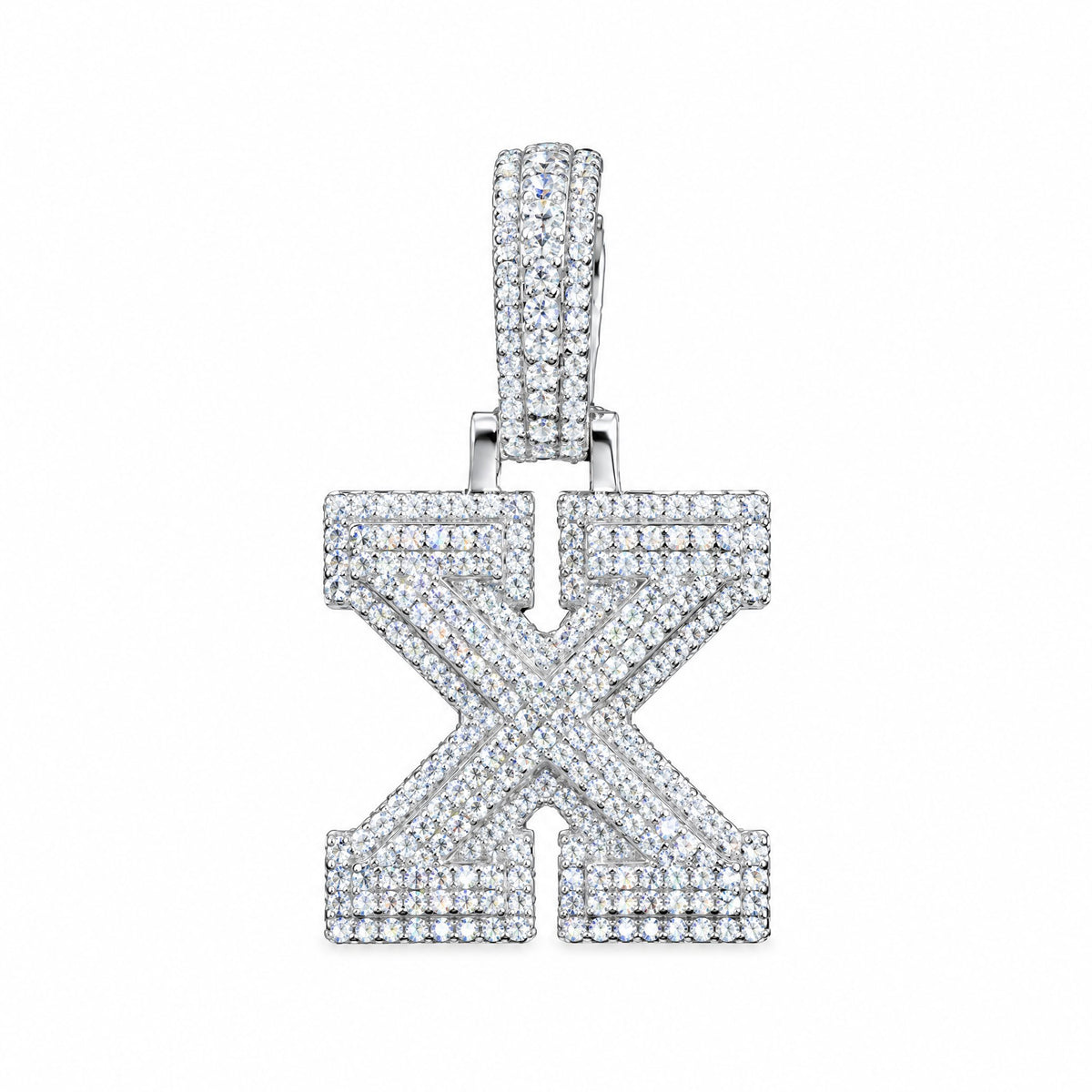 Block letter X initial pendant covered in moissanite, with a stone-set bail