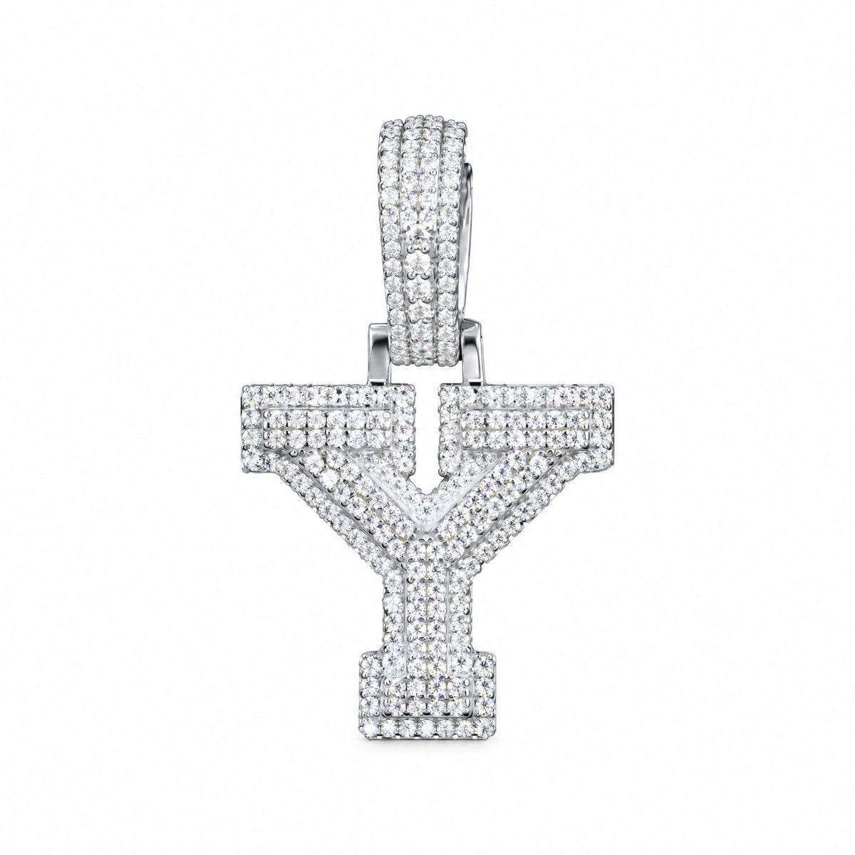 Block letter Y initial pendant covered in moissanite, with a stone-set bail