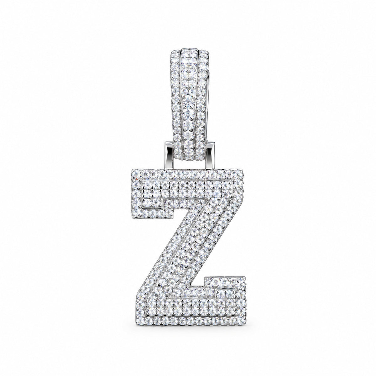 Block letter Z initial pendant covered in moissanite, with a stone-set bail